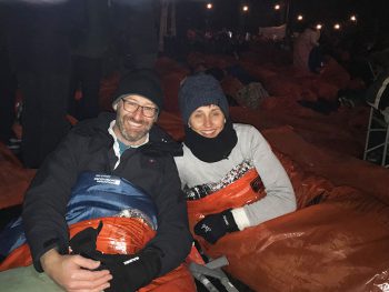 Artisan staff in sleeping bags at sleep out in the park in Edinburgh