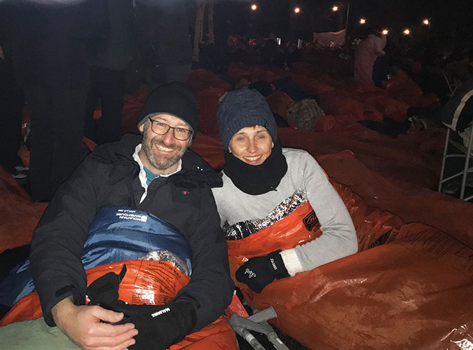 Artisan staff in sleeping bags at sleep out in the park in Edinburgh