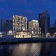 St Enoch Quarter, Glasgow, floodlight photo at night from the river