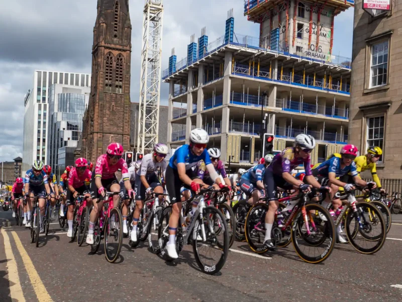 Women's tour of Britain cycling past 292 St Vincent Street, Blythswood.