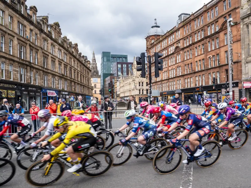 Women's tour of Britain cycling through Glasgow.